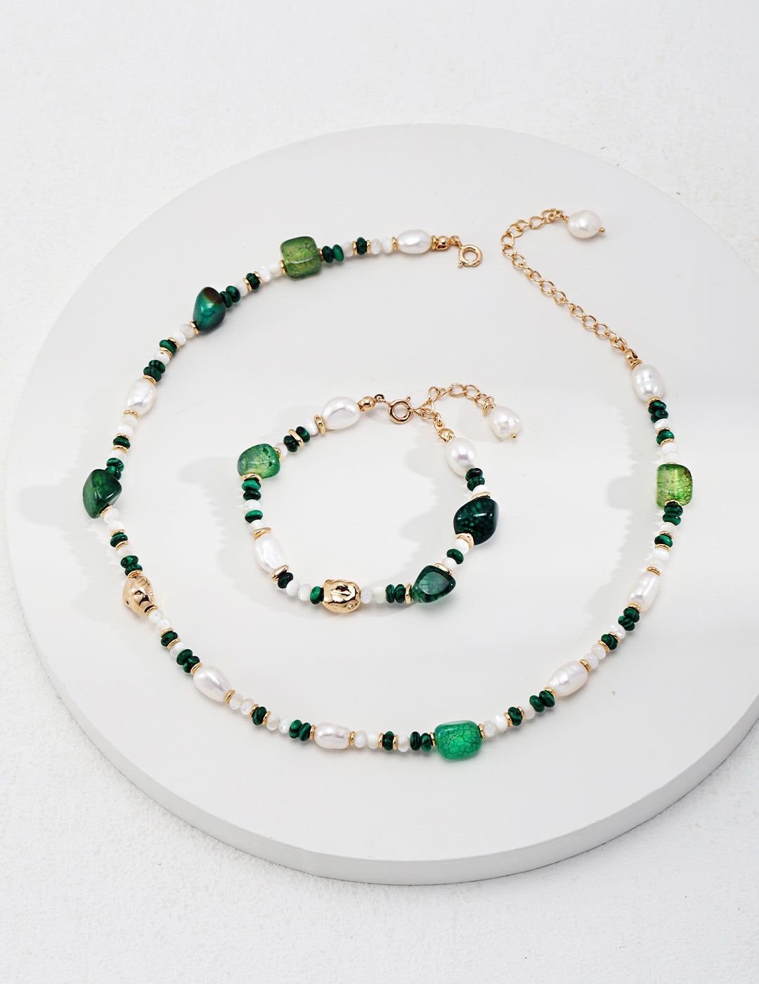 Sterling Silver Pearl Malachite Onyx Necklace/Bracelet