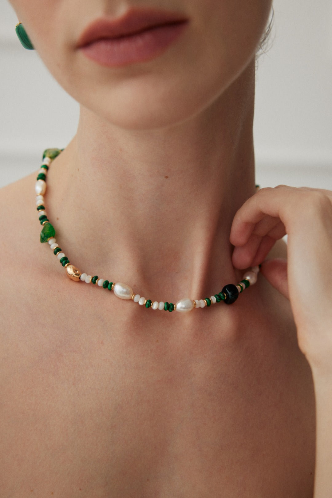 Sterling Silver Pearl Malachite Onyx Necklace/Bracelet