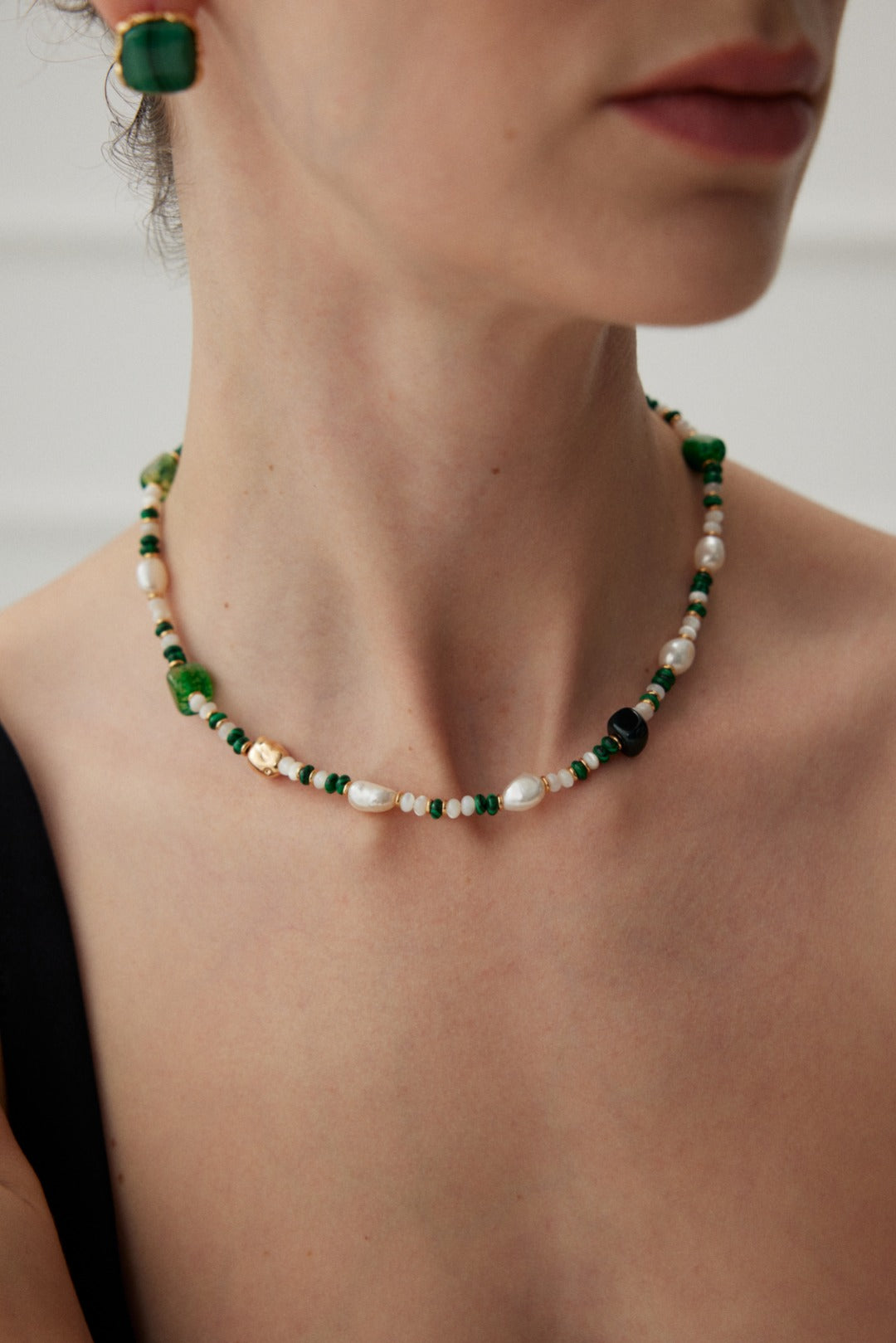 Sterling Silver Pearl Malachite Onyx Necklace/Bracelet