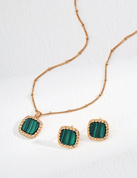 S925 Silver Simple Zirconia Natural Malachite Earrings/Necklace