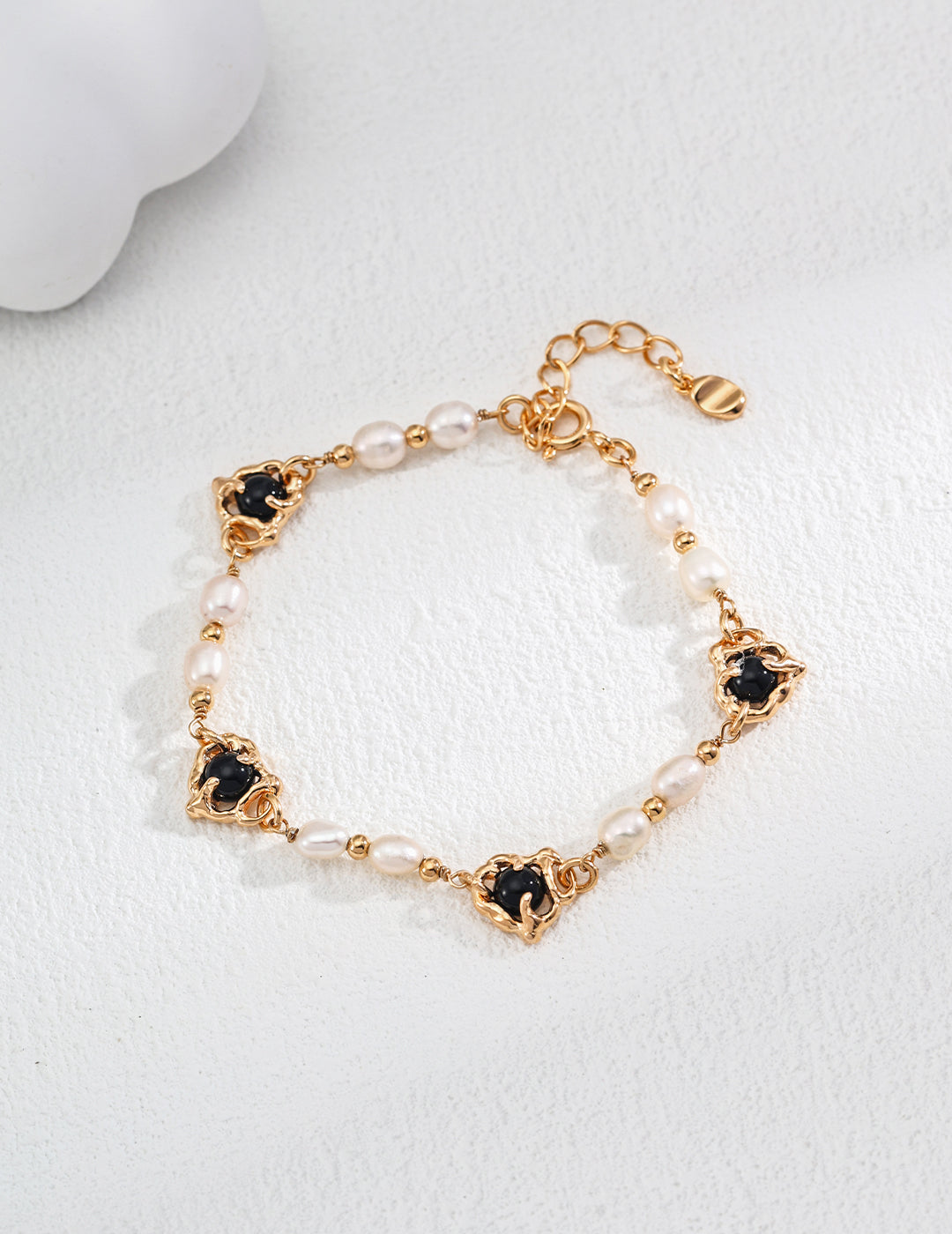 S925 Silver Vintage Natural Pearl Onyx Bracelet