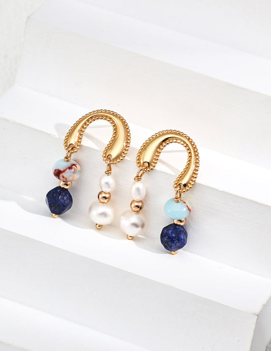 S925 Silver Natural Pearl Lapis Lazuli Shoushan Stone Earrings